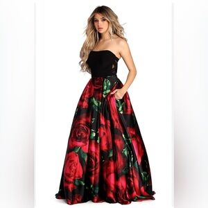 Blondie Nites Strapless Pleated Black and Red Gown